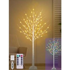 5FT Lighted Birch Tree with 90 LED Warm White and Multicolor Lights, 8 Modes, Timer Remote Faux Prelit Twig Christmas Tree with Lights for Indoor Outdoor Xmas Holiday Party Decoration