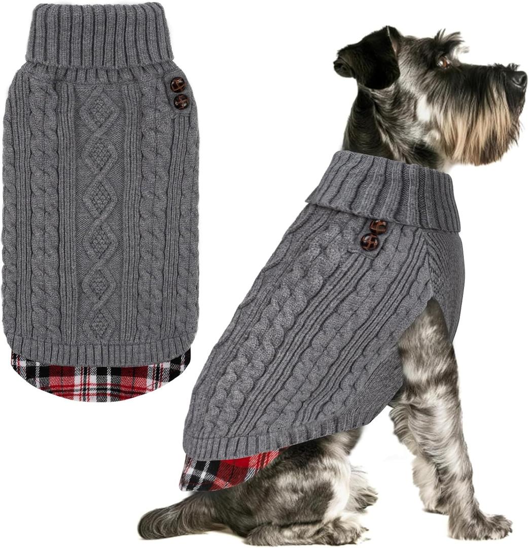 KYEESE Dog Sweater Soft Pullover Dog Sweaters for Small Dogs Male Warm Turtleneck Small Dogs Sweater with Gingham Patchwork Stretchy Knitwear Cat Clothes Comfy Pet Coat for Fall Winter Cold Weather (Medium7-13lbs, 1# Grey)