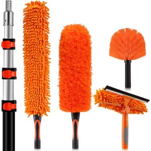PuliKit 20ft High Ceiling Duster Kit with Heavy-Duty Extension Pole | Washable Cobweb Duster, Microfiber Ceiling Fan Duster, 2-in-1 Window Squeegee & Washer for Home Ceiling High Reach Cleaning