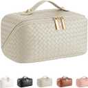 Large Capacity Travel Cosmetic Bag  PU Leather Makeup Organizer Bag Portable Woven Makeup Bags for Women Waterproof Travel Toiletry Bag with Divider Pouch, Khaki