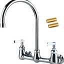 COOLWEST Commercial Wall Mount Faucet 8 Inch Center with 8" Gooseneck Swivel Spout, 2 Handles Heavy Duty Brass Kitchen Sink Faucet, Chrome Finish