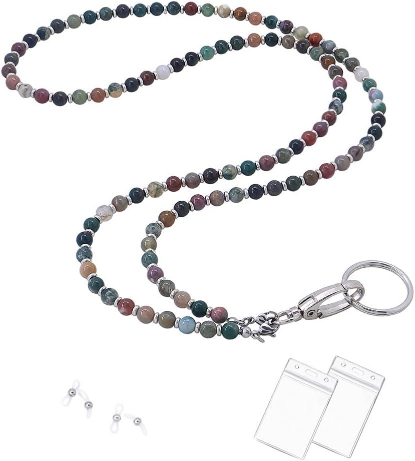 C&L Accessories Lanyard for ID Badges Holder, Beaded Cute Lanyard for Keys Neck Lanyards for Glasses Chain Strap for Women (Indian Agate) (Indian Agate)