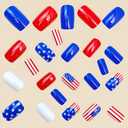 Independence Day Press on Nails Medium Square Fake Nails 4th of July Nails Press Ons with Star Design Patriotism False Nails Blue Red Glue on Nail Glossy Full Cover Stick on Nail for Women 24Pcs