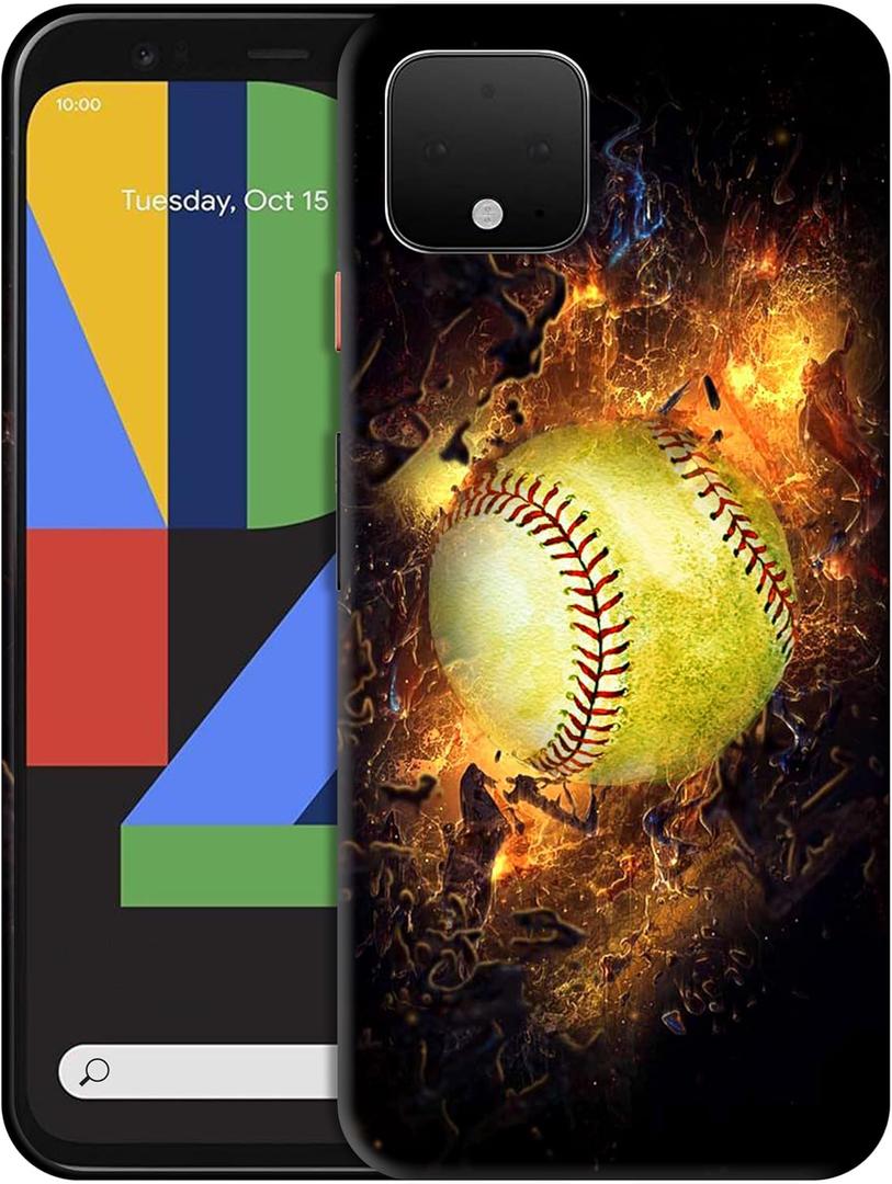 for Google Pixel 4, Pixel 4 Case - Softball On Fire Printed Cute Slim Fit Hard Plastic Protective Designer Back Phone Case/Cover for Pixel 4 White