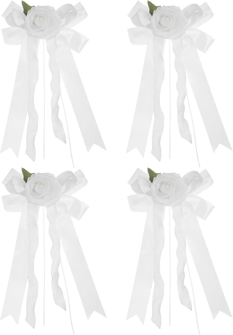 GLEAVI 4pcs Car Bow: Decorative White Polyester Ribbon Bow with Artificial Flowers for Wedding Cars Room Decor - Chair Back Decorations