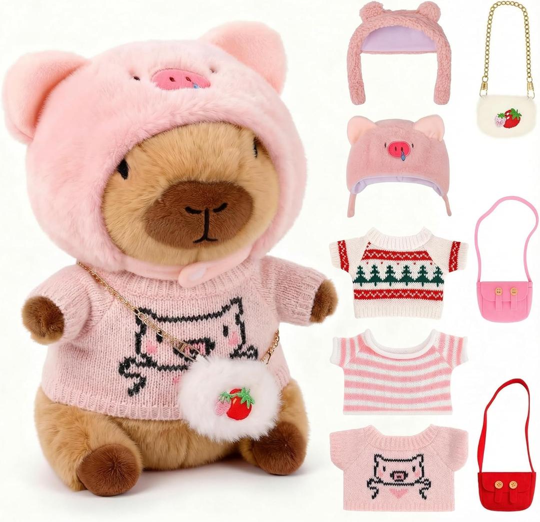 Capybara Plush with 9PCS Clothes & Accessories, Dress Up Stuffed Animals Toy, Easter Basket Stuffers, Cute Capibara Peluches for Girls Boys Kids, Soft Kapibara Plushies Easter Gifts for Kids