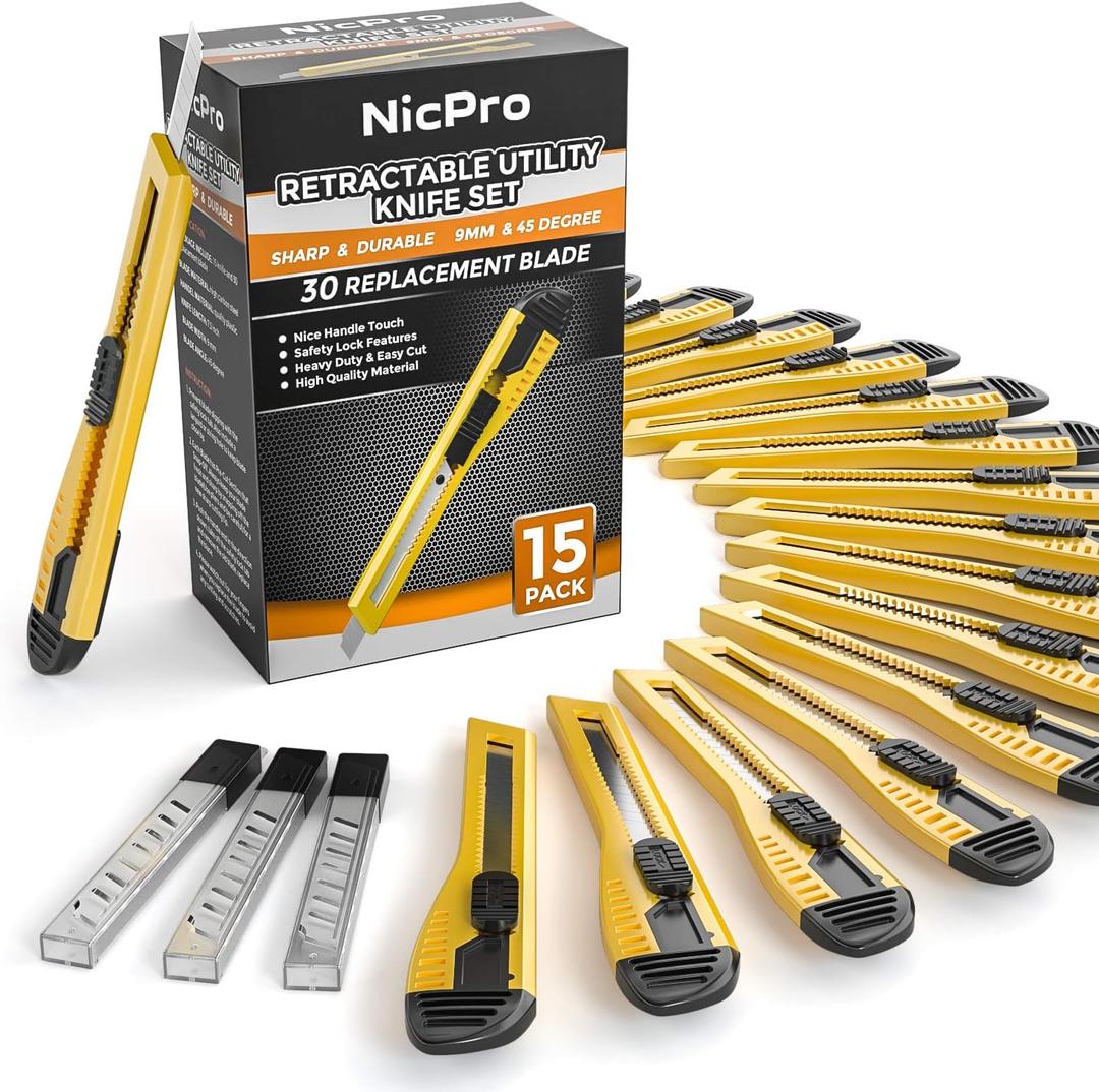 Nicpro 15 PCS Utility Knife Box Cutters Retractable Razor Knife 9mm with 30 PCS Extra Snap Off Blades for Lightweight Office, Home, Arts Crafts, Hobby