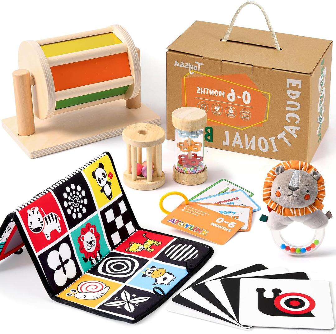 Toyssa Montessori Toys for Babies 0-6 Months, 6 in 1 Wooden Learning Educational Sensory Toys with Spinning Drum & Tummy Time Mirror & Baby Rattle & Flash Card, Birthday Gifts for Babies Boys Girls, Medium, Small