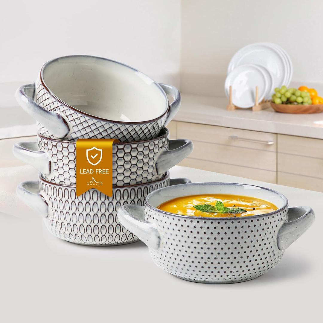 MONITO 28 Ounce French Onion Soup Bowls, 4PCS Reactive Glaze Ceramic Bowls with Handles, Stackable Soup Crocks, Oven/Microwave/Dishwasher Safe, for Cereal, Pasta, Chilli, Beef Stew, White-blue