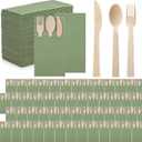 Gueevin 200 Pcs Wooden Cutlery Set Disposable Wood Utensil for 50 Guest Fork Spoon Knives Linen Napkin Disposable Cutlery for Wedding Party Supplies Event and Takeout (Light Green)