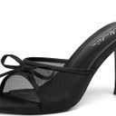 Mostrin Black Mesh Mules Heels with Bow Open Round Toe Stiletto High Heels for Women Dress Slip On Backless Heeled Sandals for Party Holiday, Size 7