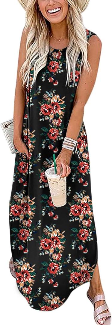 ANRABESS Women Summer Maxi Dress Beach Vacation Sundress Sleeveless Casual Loose Shirt Dresses 2026 Travel Outfits (Black, M)