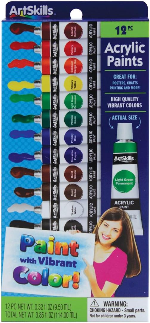 ArtSkills Premium Acrylic Paints, Arts and Crafts Supplies, Assorted Colors, 0.32 fl oz Each, 12 Count (PA-2039)