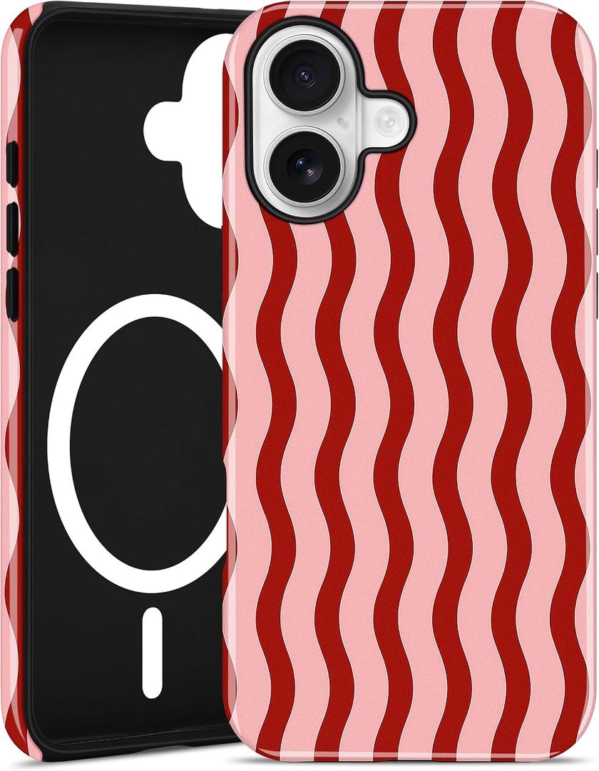 Jusy Magnetic Wavy Striped Phone Case for iPhone 14 Pro Max,Wavy Red | Compatible with MagSafe, Cute Aesthetic Striped Design, TPU and PC Protective Shockproof Cover