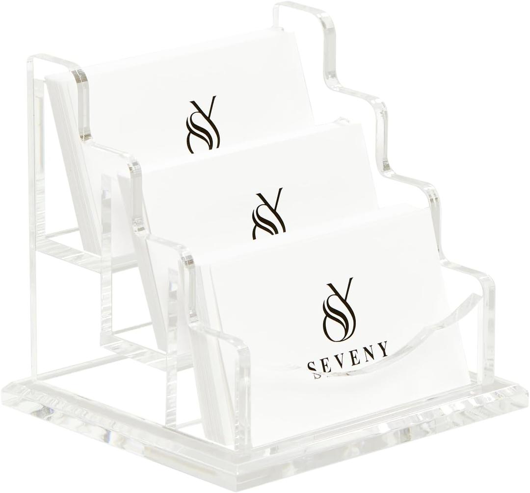SEVENY Business Card Holder, Clear Acrylic Cards Organizer Stand for Men and Women, Business Cards Case Rack 1 Pack, Holds 180 Cards-3 Slot