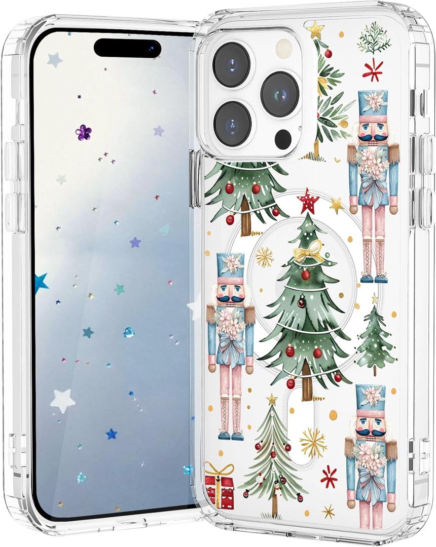 Christmas Case for iPhone 14 Pro Max,Nutcracker Xmas Tree Clear Magnetic Case,Compatible with MagSafe,Soft TPU Bumper Shockproof Protective Cover with Built-in Magnet Ring for Women