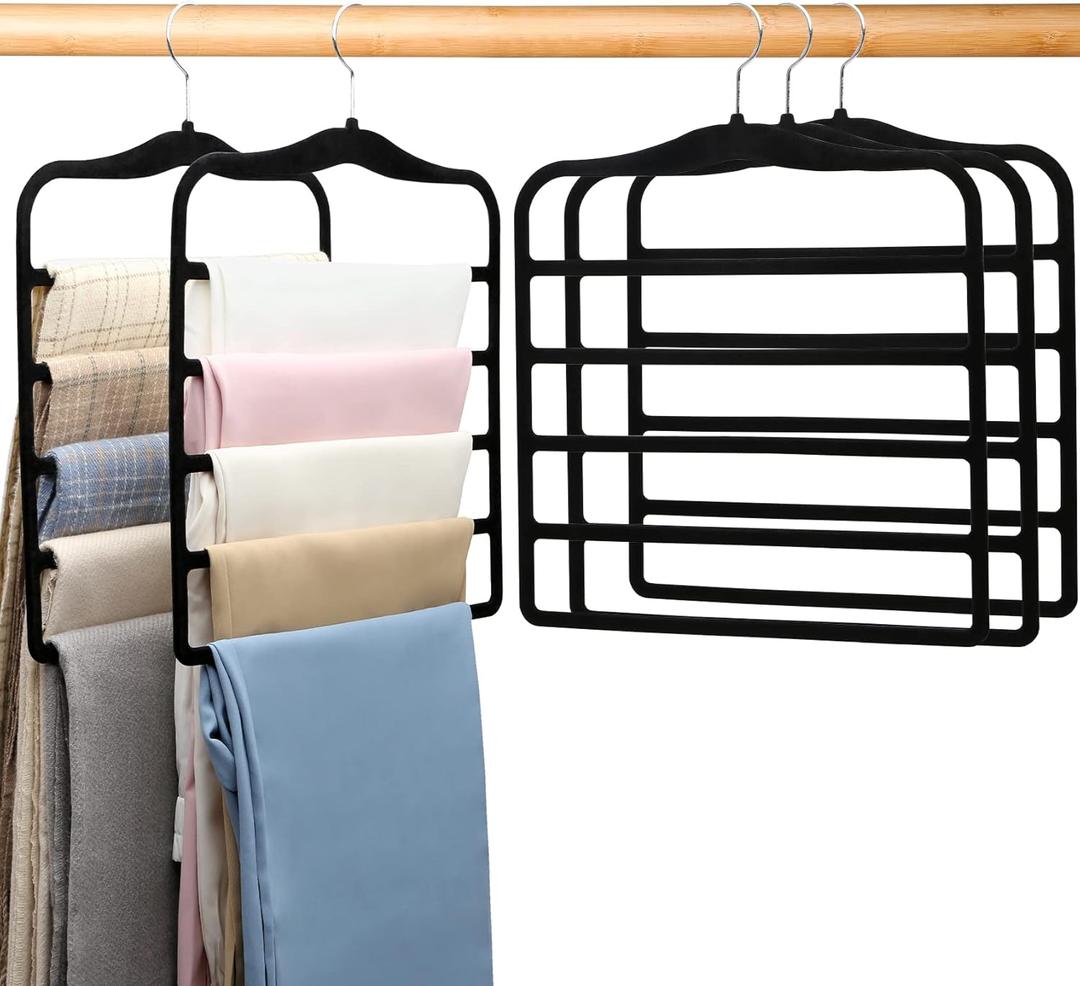 Pants Hangers Space Saving,5P Scarf Hangers for Closet Organizers and Storage,Non Slip Velvet Hanger for Closet Organizer,College Dorm Room Essentials,Heavy Duty Organization and Storage Jean Hangers (Large, Pure Black)