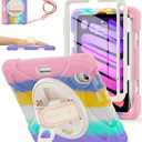 BRAECNstock Kids Case for Apple iPad mini 7 (A17 Pro) 2024/ Mini 6 8.3" Shockproof Protective iPad mini 7th/6th Gen Case with Screen Protector Pen Holder [Rotating Stand+Hand Strap], Colorful Pink