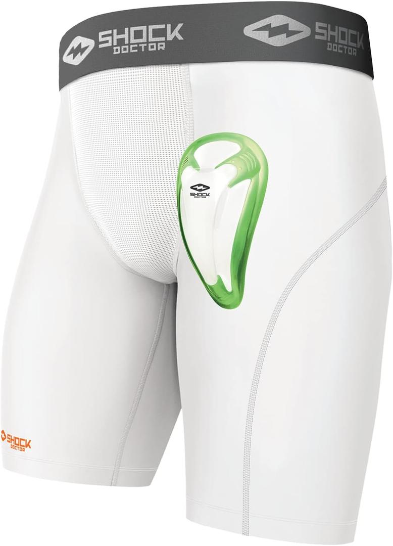 Shock Doctor Compression Shorts with Protective Bio-Flex Cup, Moisture Wicking Vented Protection, Youth Size (Large, White)