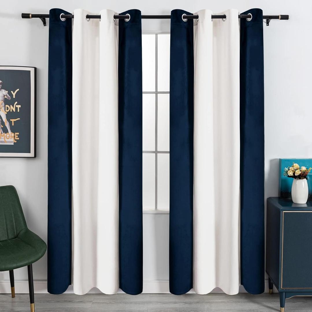 Victree Color Block Velvet Curtains for Bedroom, Patchwork Blackout Curtains 52 x 90 inch Length - Room Darkening Sun Light Blocking Grommet Window Drapes for Living Room, 2 Panels, Navy and White