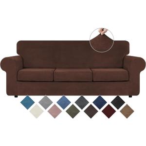 WEERRW 4 Pieces Velvet High Stretch Couch Covers for 3 Cushion Couch Sofa Slipcovers, Washable Furniture Protector with Non Slip Elastic Bottom, Feature Soft and Thick Plush Fabric, Chocolate, Large