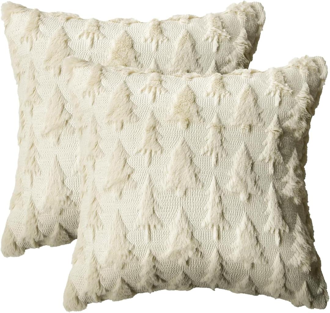 AVOIN colorlife Christmas Trees Beige Throw Pillow Covers Set of 2, 18 x 18 Inch Soft Plush Faux Fur Jacquard Festivals Winter Bedroom Cushion Case Decoration for Sofa Couch