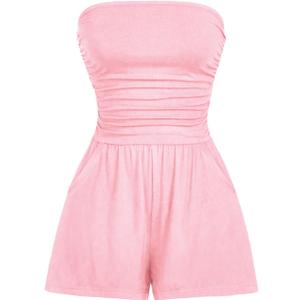 AUXDIO Women Summer Casual Strapless Romper Sleeveless Off Shoulder Short Jumpsuits 2026 Beach Vacation Clothes (Pink, M)