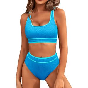 BMJL Women's High Waisted Bikini Sets Sporty Two Piece Swimsuits Color Block Cheeky High Cut Bathing Suits (X-Large, Blue Ribbed011)
