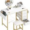 Gold Vanity Desk with Mirror and Light- Makeup Vanity Set Table with Chair, Storage, Lighted Mirror, 4 Large Fabric Drawers & Power Outlet, Dressing Table Vanities for Girls Bedroom (40" with 4 Drawers, 2. Gold)