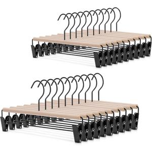 Nature Smile Deluxe Beech Wooden Pants Hangers Bottom Hanger Jeans Hanger Trousers Skirt Hanger with 2-Adjustable Black Matt Clips and Hook 20 Pack (Natural Wood+Black Metal) (13 inches 20pack)