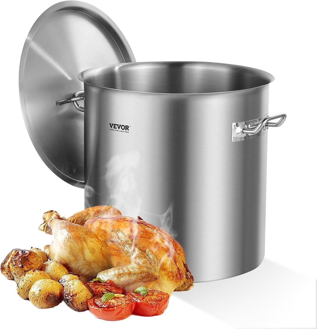 VEVOR Stainless Steel Stockpot, 53 Quart Large Cooking Pots, Cookware Sauce Pot with Lid, and Handle, Heavy Duty Commercial Grade Stock Pot, Sanding Treatment, for Large Groups Events Silver