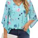 Blouse for Women Dressy Casual Summer Chiffon 3/4 Sleeve Tops Business Work Shirts Double Layered Tunic Evening Party (Large, Light Blue Floral)