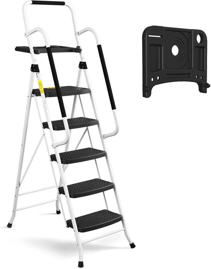 HBTower 5 Step Ladder with Handrails, Folding Step Stool Portable Steel Ladder for Adults for Home Kitchen Library Office, White