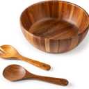 BILL.F Wooden Serving Bowl,12" Acacia Wood Large Salad Bowl Set with Salad Spoon and Fork for Fruits, Salads, Pasta