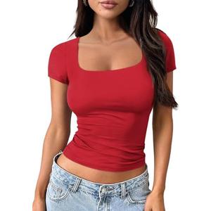 Trendy Queen Double Lined Short Sleeve Tshirts for Women Square Neck Cute Crop Top Spring Summer Basic Tees Workout Going Out, Medium