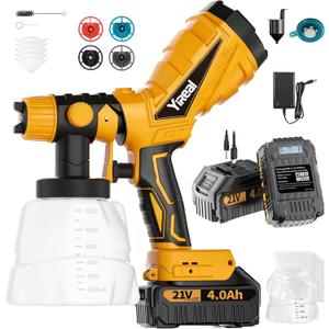Cordless Paint Sprayer With Battery 2*4000mAh 2*1200 ml Cans,Electric Spray Paint With Reusable Metal Filter 4 Nozzles,Hvlp Spray For House Painting Furniture Cabinets Fence Wall (Large, Yellow)