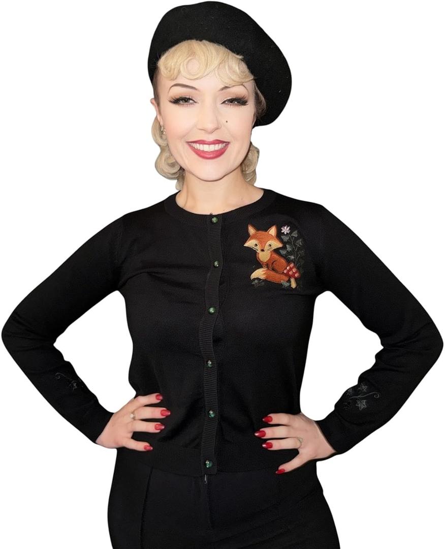Ro Rox Fox Cardigan - Embroidered Ivy Knit Jumper Nature Inspired Retro Knitwear XL