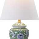 JONATHAN Y 22" Green/White Ceramic Table Lamp, French Country Chinoiserie Ginger Jar LED Bedside Lamp for Living Room Bedroom, White Linen Shade (JYL3005E) (Set of 1)