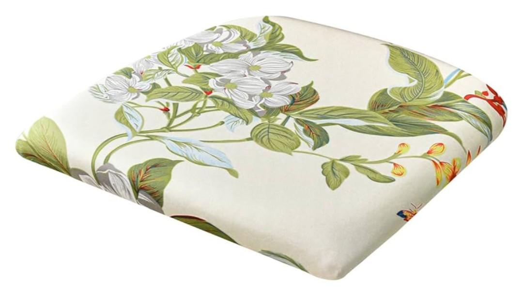 Stretch Dining Room Chair Covers, Flowers Chair Seat Covers with Ties Elastic Non-Slip Chair Seat Slipcovers for Dining Room Kitchen Office (Green Leaves,1 Pieces)