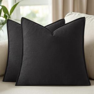 Woaboy 18x18 Inch Set of 2 Decorative Linen Solid Throw Pillow Covers Boho Accent Farmhouse Couch Pillowcases Modern Netural Home Decor for Couch Sofa Living Room Bed,Black