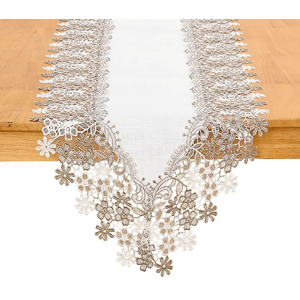 White Beige Floral Lace Table Runner Dresser Scarf 108 inches Long for Kitchen Dining Coffee Table Parties Wedding Home Decor (White, 16” x 108”)