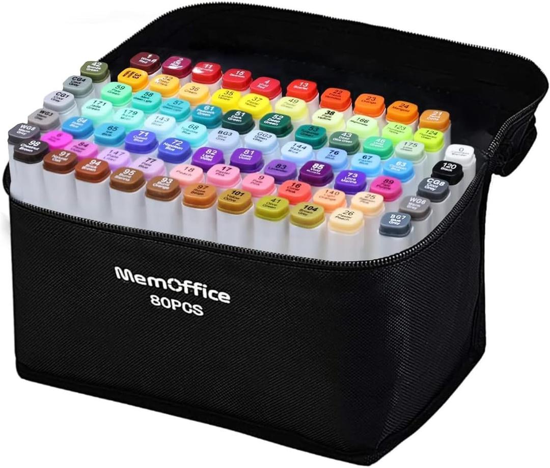 MemOffice 80 Colors Dual Tip Artist Alcohol Markers Set with Carrying Case - Perfect for Coloring, Drawing, Sketching, Card Making and Illustration - Perfect for Adults and Kids