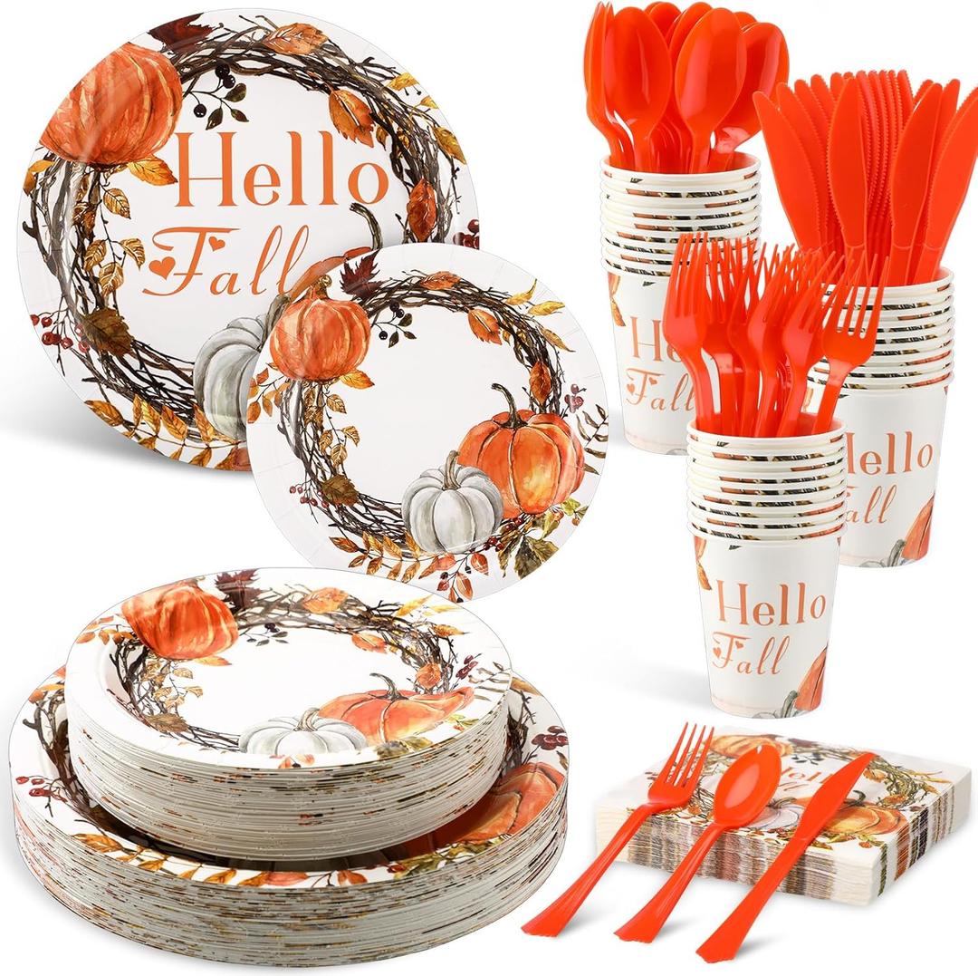 Sliner 350 Pcs Fall Thanksgiving Paper Plates and Napkins Pumpkin Autumn Maple Leaves Disposable Tableware with Paper Plates Napkins Knifes Forks Spoons for Thanksgiving Harvest Party, Serves 50 (Orange)