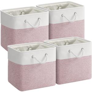 12 x 12 Inch Cube Storage Bins, 4 Pack Fabric Storage Basket with Handles, Foldable Boxes Organizer for Shelf Baskets for Home, Clothes (White/Pink)