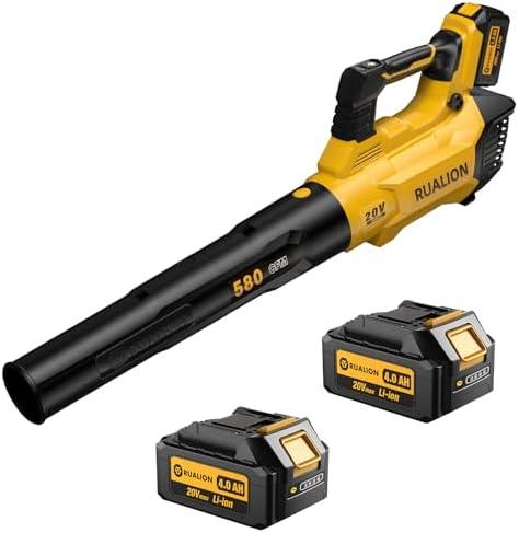 RUALION Leaf Blower Cordless, Electric Leaf Blowers Up to 580 CFM 160 MPH, Battery Powered Blowers for Lawn Care, Patio, Garage(2 * 20V 4.0 Ah Batteries and Charger Included)
