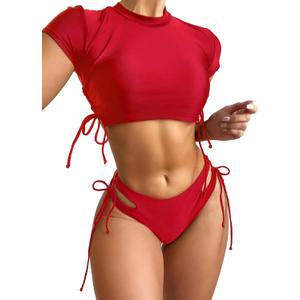 Lilosy Drawstring Bikini Set Srting Swimsuit Short Sleeve Top and Tie Side Bottom 2 Piece (Red, M)