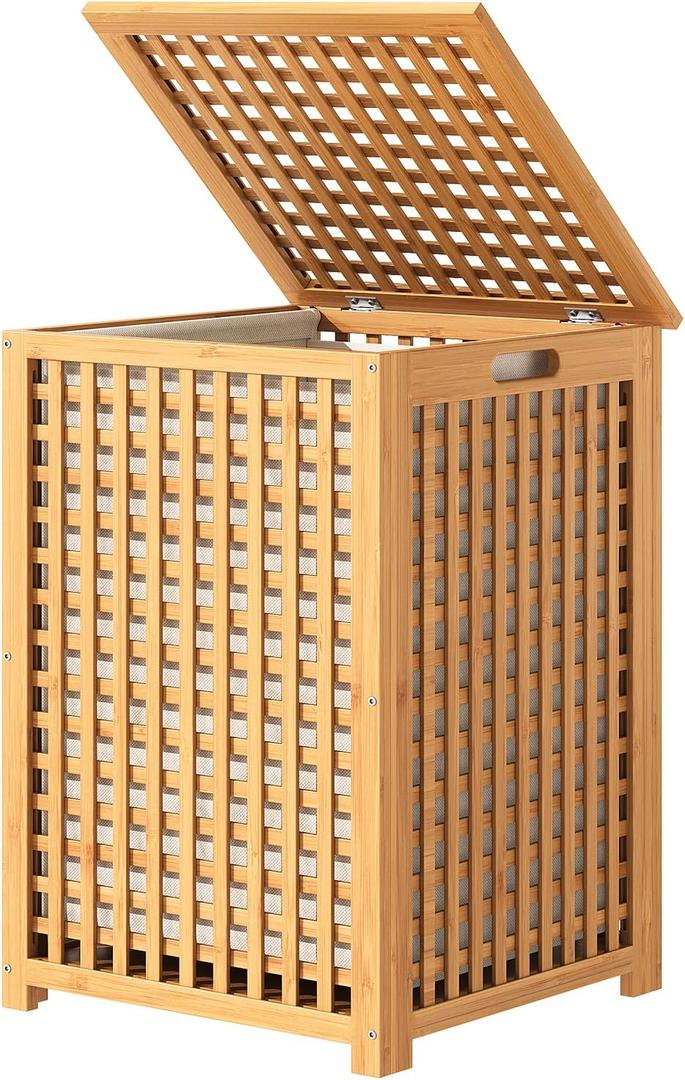 120L Bamboo Laundry Hamper with Lid, Laundry Basket with Liner and Handle, 17.7"L x 17.7"W x 25.6"H