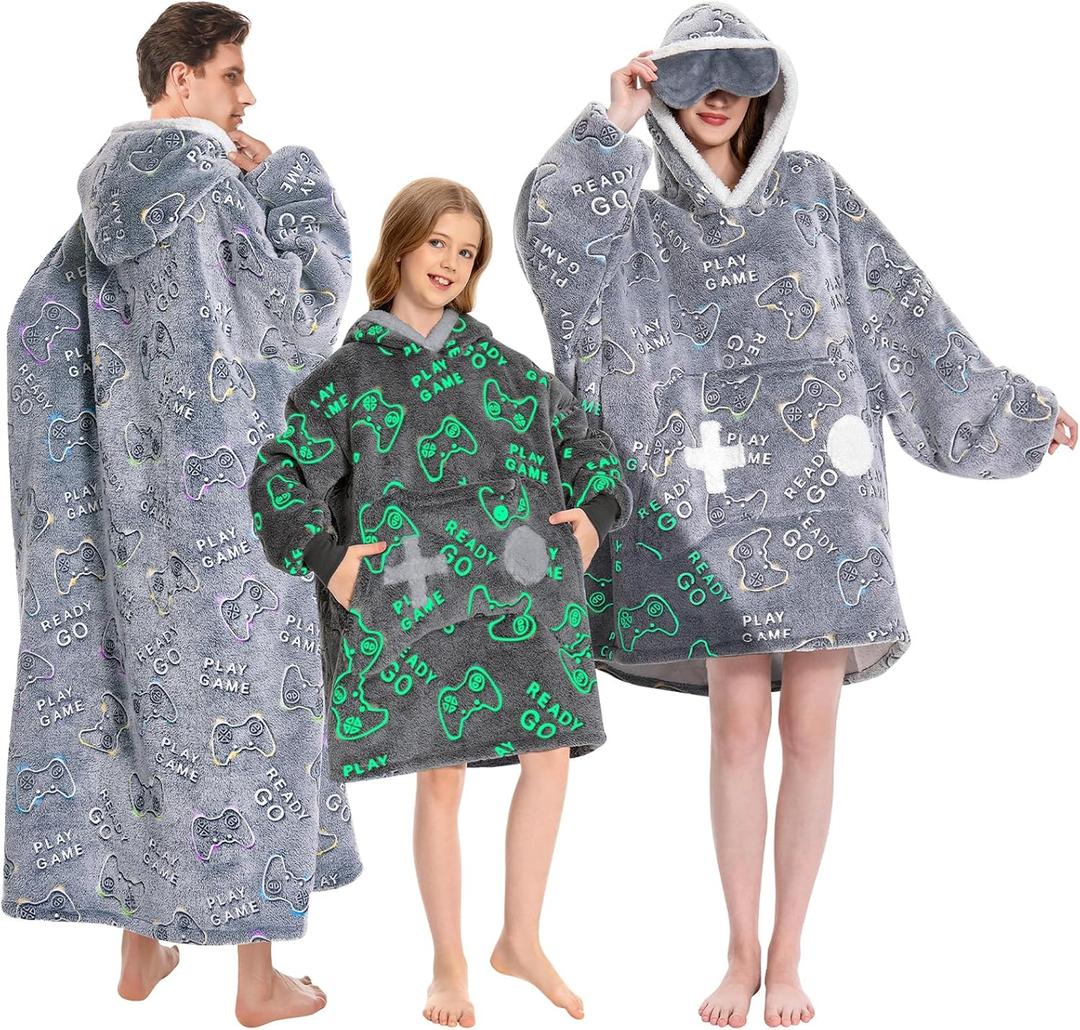 OLAOLA Wearable Blanket Hoodie, Oversized Soft Cozy Sherpa Hooded Blanket Adult, Plush Game Controller Blanket Sweatshirt with Eye Mask and Giant Pocket for Women Men (Gray) One Size