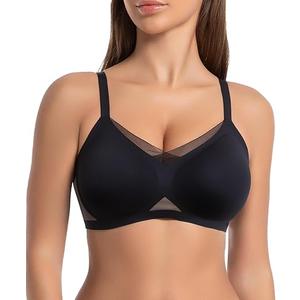SHAPERX Wireless Bras for Women Seamless Push Up V Mesh Bralette No Underwire Full Coverage T-Shirt Bra with Removable Pads, XXL