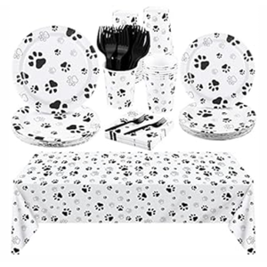durony 121 Pieces Black Paw Print Party Supplies Dog Birthday Tablecloth, Plates, Napkins, Forks and Paper Cups Decorations for Puppy Theme Party Supplies, Black/White